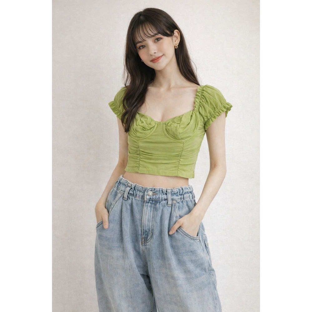 TIC TOC Ruched Mesh Square Neck Crop Top Olive Green Size‎ M